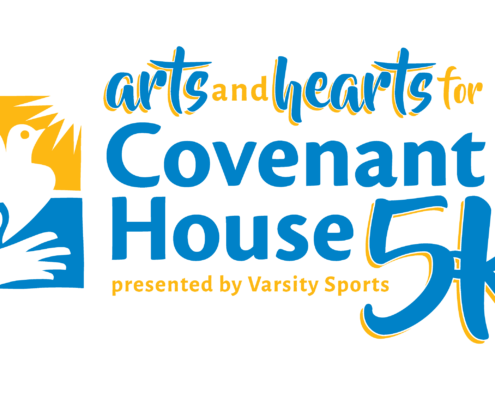 Covenant House Arts and Hearts 5K logo: the Covenant House logo which features a dove flying out of an open hand in blue and yellow is on the left with the words 'Arts and Hearts for Covenant House 5K presented by Varsity Sports' in the same colors to its right.