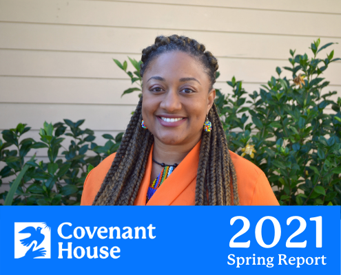 Rheneisha Robertson headshot, accompanied by white text on a blue background: 2021 Spring Report Covenant House