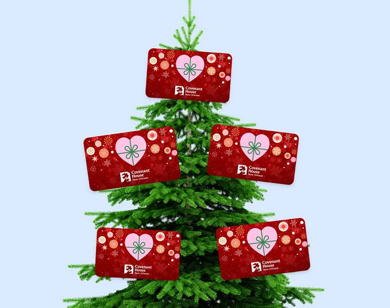Covenant House New Orleans gift cards on Christmas tree for struggling homeless youth
